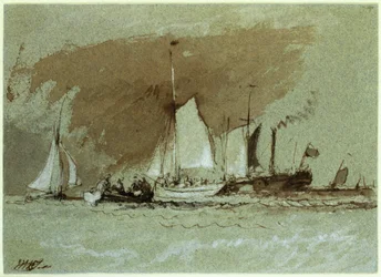 Fiskebåter til sjøs, ombord på en dampbåt utenfor Isle of Wight (indisk blekk forsterket med hvitt på papir)
